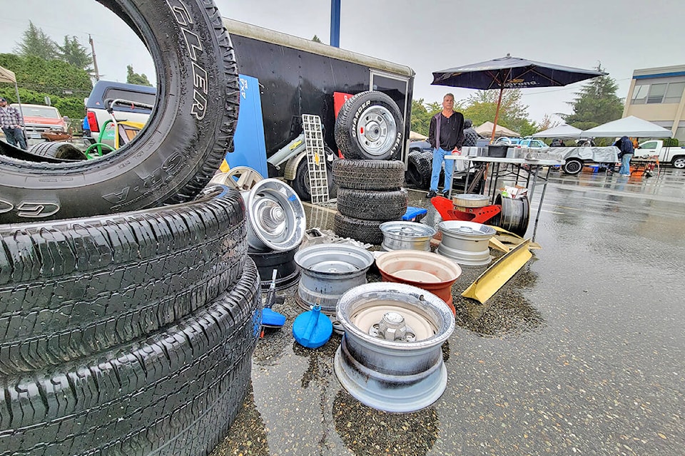 Rain was pouring down as the Good Times Cruise-In swap meet and car corral got underway in the parking lot of the Aldergrove Community Secondary School at 26850 29th Avenue on Sunday morning, Sept. 12. (Dan Ferguson/Langley Advance Times)