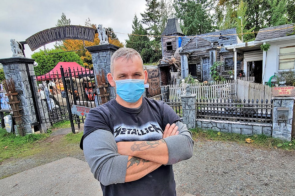After the property was sold for development last year, Murrayville’s Barry Brinkworth wasn’t sure if his Halloween dungeon would return. Now, with the redevelopment delayed, he thinks another dungeon might be possible in 2022. This year marks the 21st Halloween for the Brinkworth Dungeon in Murrayville. (Dan Ferguson/Langley Advance Times)