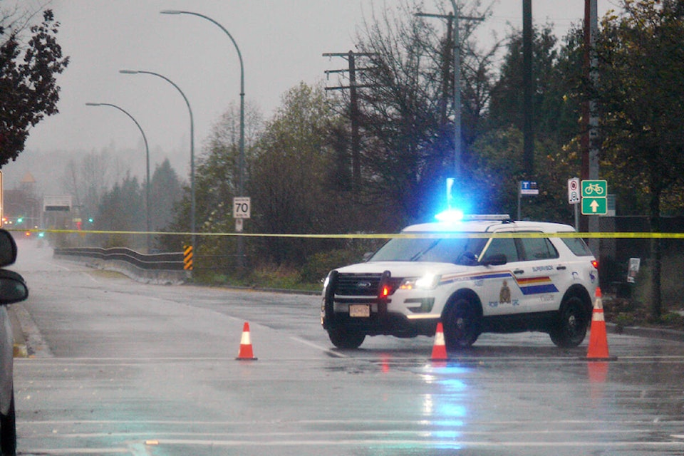 Fraser Highway was closed off westbound heading into Langley City. (Dan Ferguson/Langley Advance Times)