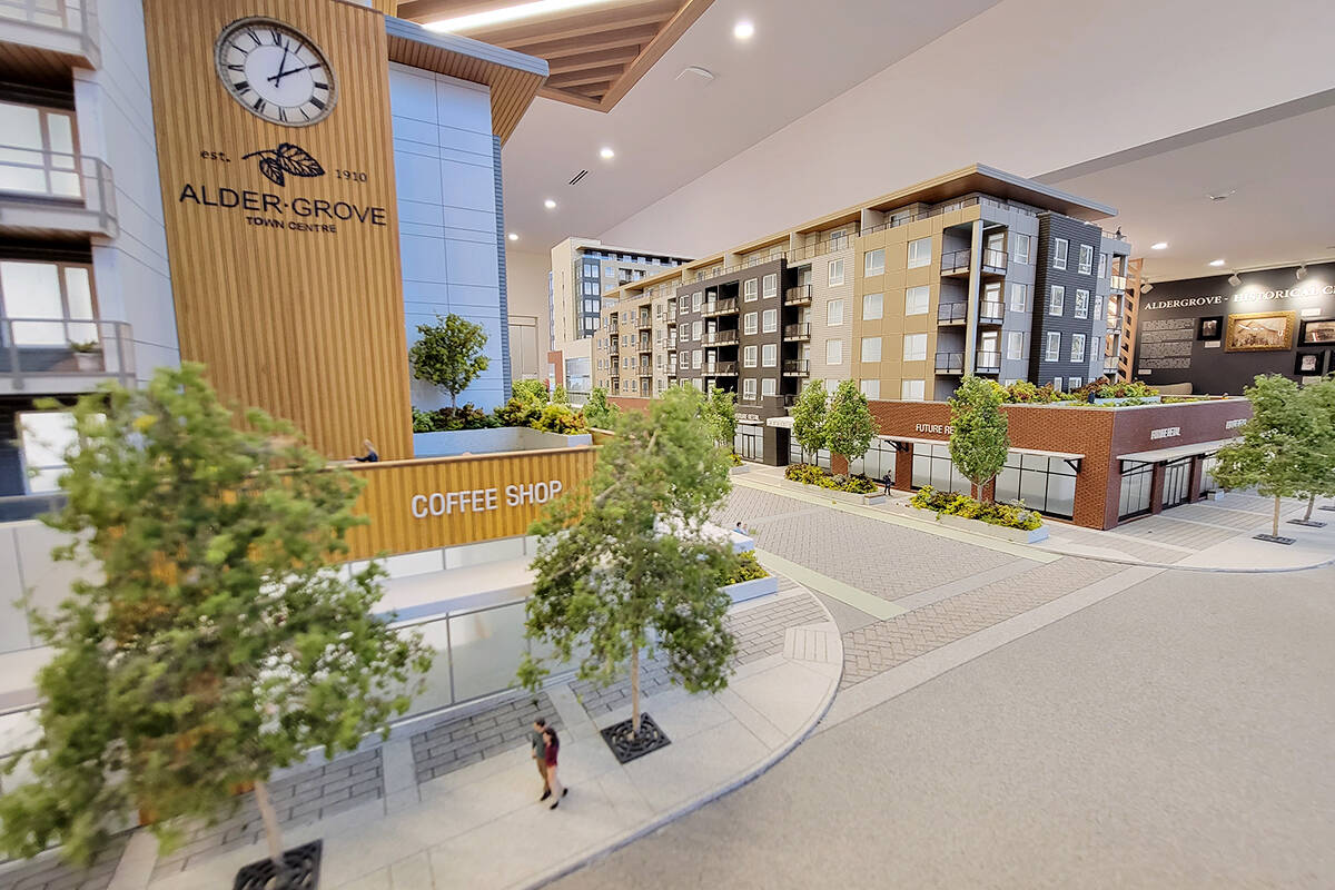 Models of the buildings planned for the Alder Grove Town Centre project, now on display at the presentation centre, which also has an interior mock-up of one of the suites in the new buildings. Both were unveiled Monday, Nov. 22. Currently, there are no drop-ins at the centre, appointments must be made. (Dan Ferguson/Langley Advance Times)