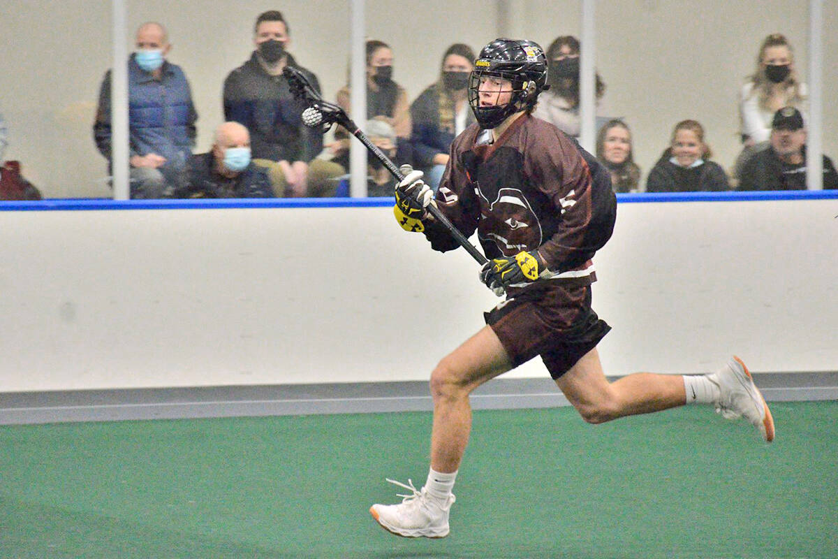 Grizzlies Brayden Laity carried the ball against the Black Fish at the Langley Events Centre on Wednesday, Feb. 16. (Gary Ahuja, Langley Events Centre/Special to Langley Advance Times)