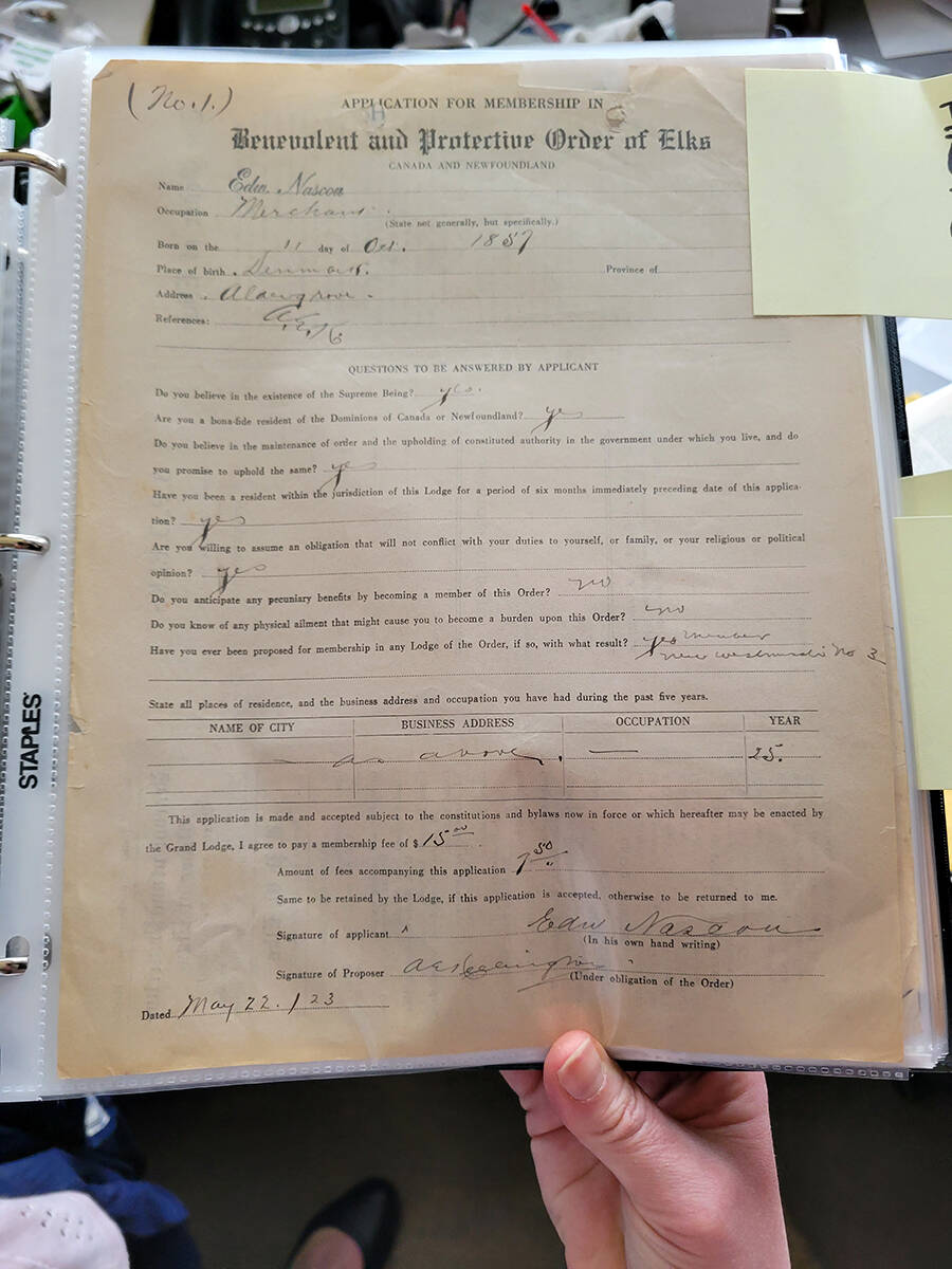 Documents donated by Elks Lodge 66 Aldergrove included the membership papers for the very first Aldergrove Elk, Edward Naskell, who signed as No. 1 on May 23, 1923. It was being digitized by the Alder Grove Telephone Museum and Community Archives on Sunday, March 13. (Dan Ferguson/Langley Advance Times)