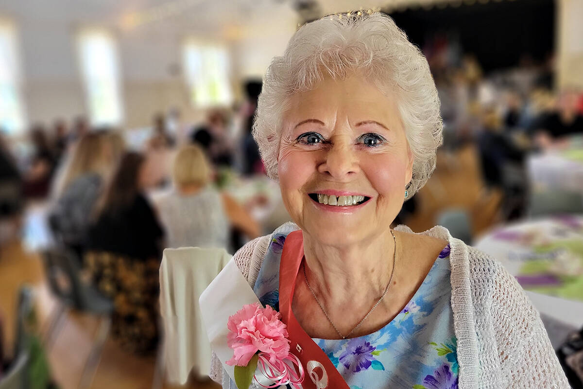 Dorothy Foss-Humberstone, twice a queen mother, attended the May Queen tea on Sunday, April 24 at the historic Fort Langley Community hall.(Dan Ferguson/Langley Advance Times)
