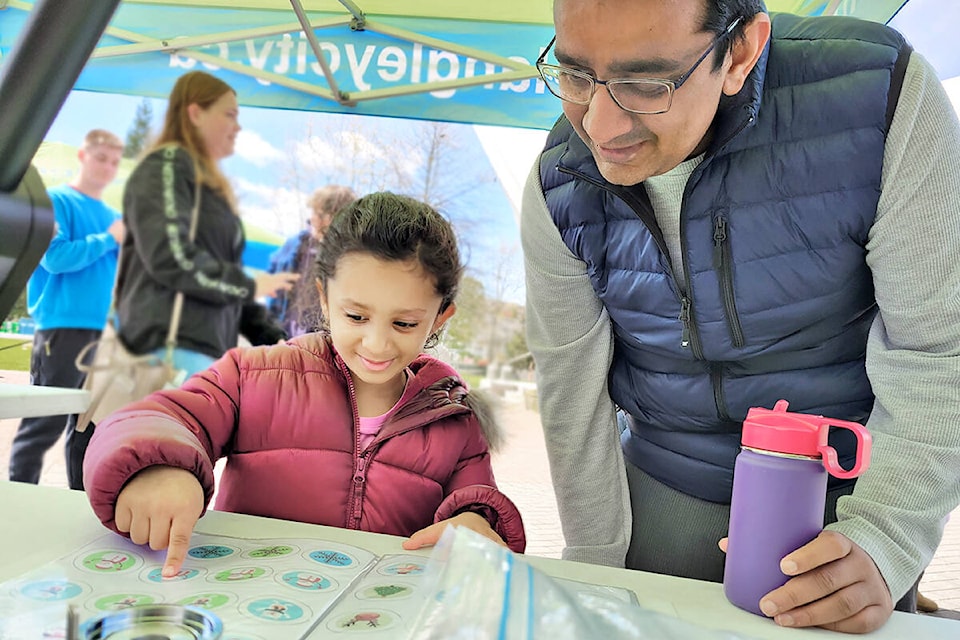 Eva Gupta and dad Vikas, from Willoughby, picked out a button design for her mom in Douglas Park on Saturday, May 7 as Langley City’s celebration of B.C. Youth Week wrapped up with an outdoor festival. (Dan Ferguson/Langley Advance Times)