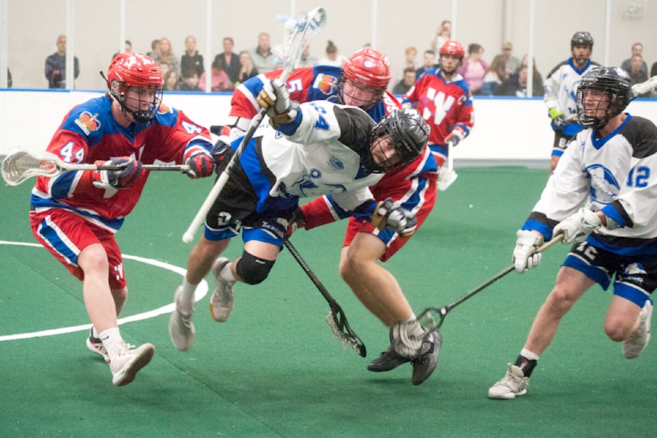 Langley Thunders defeated the New Westminister Salmonberries 10-8 in Junior A lacrosse action at Langley Events Centre on Thursday, May 26. (Ryan Molag, Langley Events Centre/Special to Langley Advance Times)