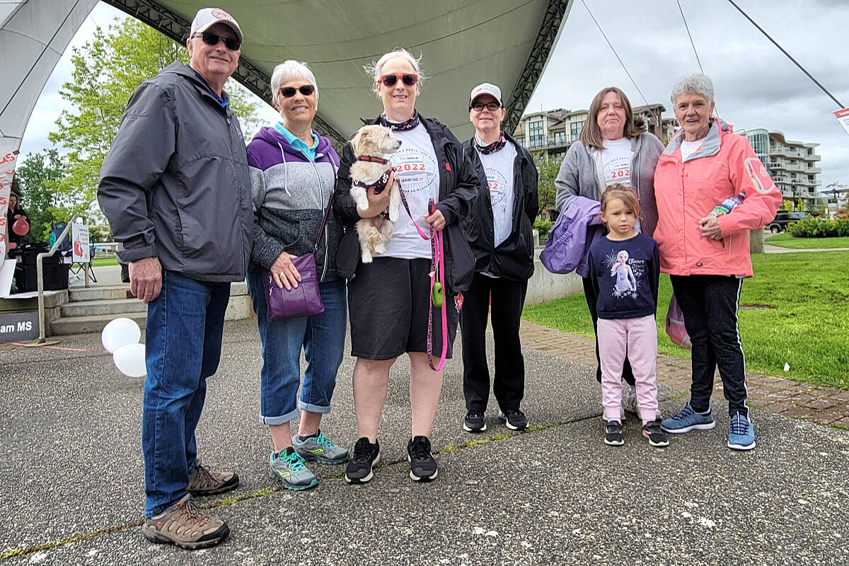Nigel and Leslie Anderson, Sandy Anderson, Kelly Clark, sister Terry Clark with niece Cassidy and mom Nita (and dog Karma) were among the participants in the Fraser Valley MS Walk, held in Langley Citys Douglas Park on Sunday, May 29. 97 participants raised more than $31,000. (Dan Ferguson/Langley Advance Times)