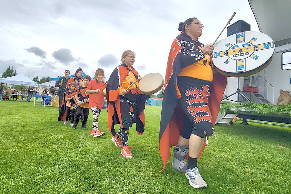 Drummers performed at the Lower Fraser Valley Aboriginal Society celebration of National Indigenous Peoples Day in Aldergrove’s Philip Jackman Park on Saturday, June 18. It was the first in-person version of the event since 2019. (Dan Ferguson/Langley Advance Times)