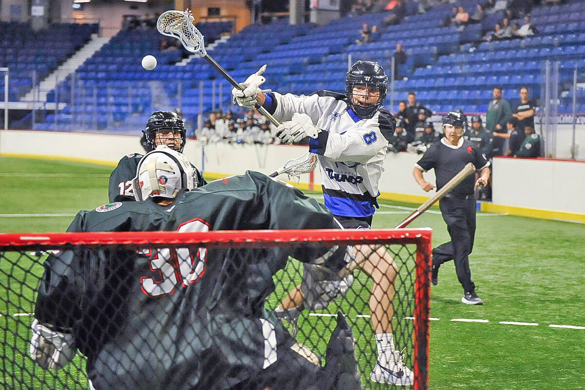 Langley Thunders Jack Margetson took a shot against the Burnaby Lakers on Tuesday, June 28, at Langley Events Centre in BC Junior Tier 1 Lacrosse League action. (Ryan Molag, Langley Events Centre photo)
