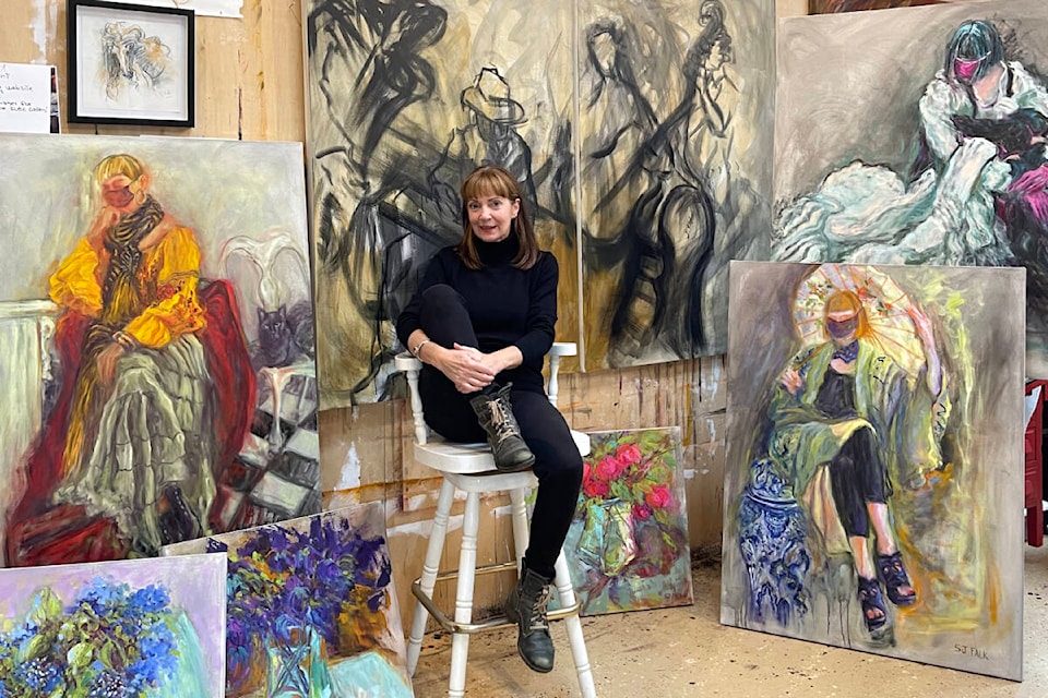 Susan Falk is honoured her large-scale painting was transformed into the promotional banners for this year’s Fort Langley Jazz & Arts Festival coming up July 21 to 24. (Special to Aldergrove Star)