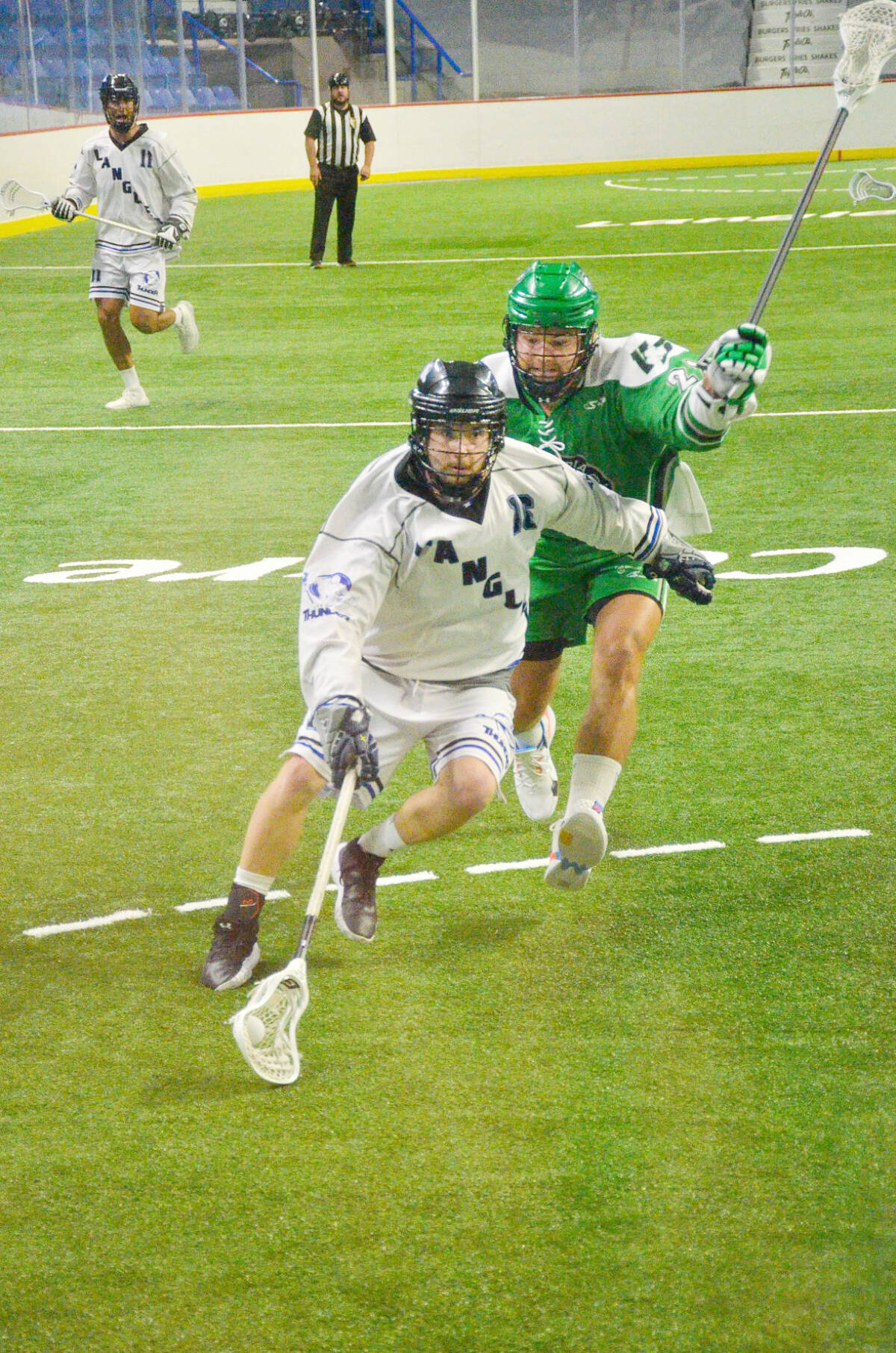 Dane Dobbie, Curtis Dickson and Robert Church each had three or more goals as the Team Canada alum combined for 10 goals and 22 points in the Langley Thunders 15-9 victory in game one of the WLA semi-final series at Langley Events Centre on Saturday, Aug. 6. (Gary Ahuja/Langley Events Centre)