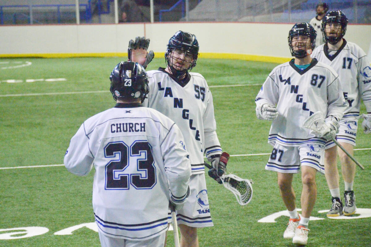 Dane Dobbie, Curtis Dickson and Robert Church each had three or more goals as the Team Canada alum combined for 10 goals and 22 points in the Langley Thunders 15-9 victory in game one of the WLA semi-final series at Langley Events Centre on Saturday, Aug. 6. (Gary Ahuja/Langley Events Centre)