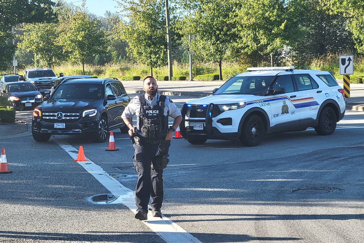 Police closed off the intersection of 88th Avenue and 201st Street in Langley after a pedestrian was hit Monday morning, Aug. 8 at 7:10 a.m. (Dan Ferguson/Langley Advance Times)