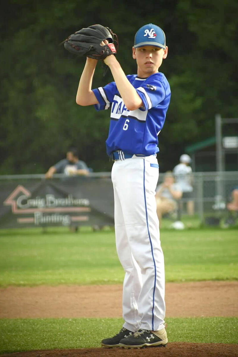 13U A North Langley Trappers player Riley Costello, seen here in action prior to the provincials, scored in the finals to help the undefeated team to a 16-2 win over Aldergrove Dodgers in the B.C. Minor Baseball Association East championships on Sunday, Aug. 7 in Surrey. (Special to Langley Advance Times)