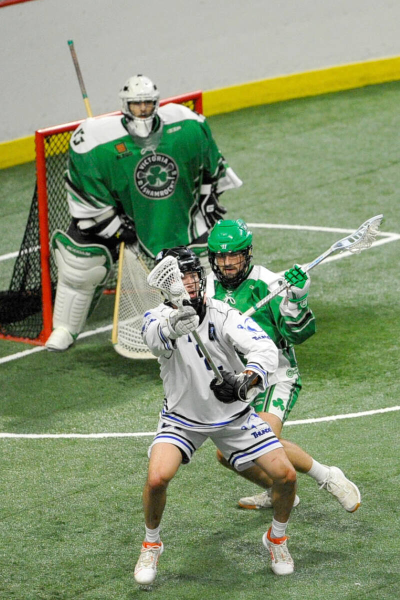 Chase Scanlan, seen here during an earlier game in the semifinal series, had a five-goal, nine-point game on Sunday, Aug. 14, that saw Langley Thunder down Victoria Shamrocks 15-10 and win a berth to the WLA championship series. (Gary Ahuja, Langley Events Centre)