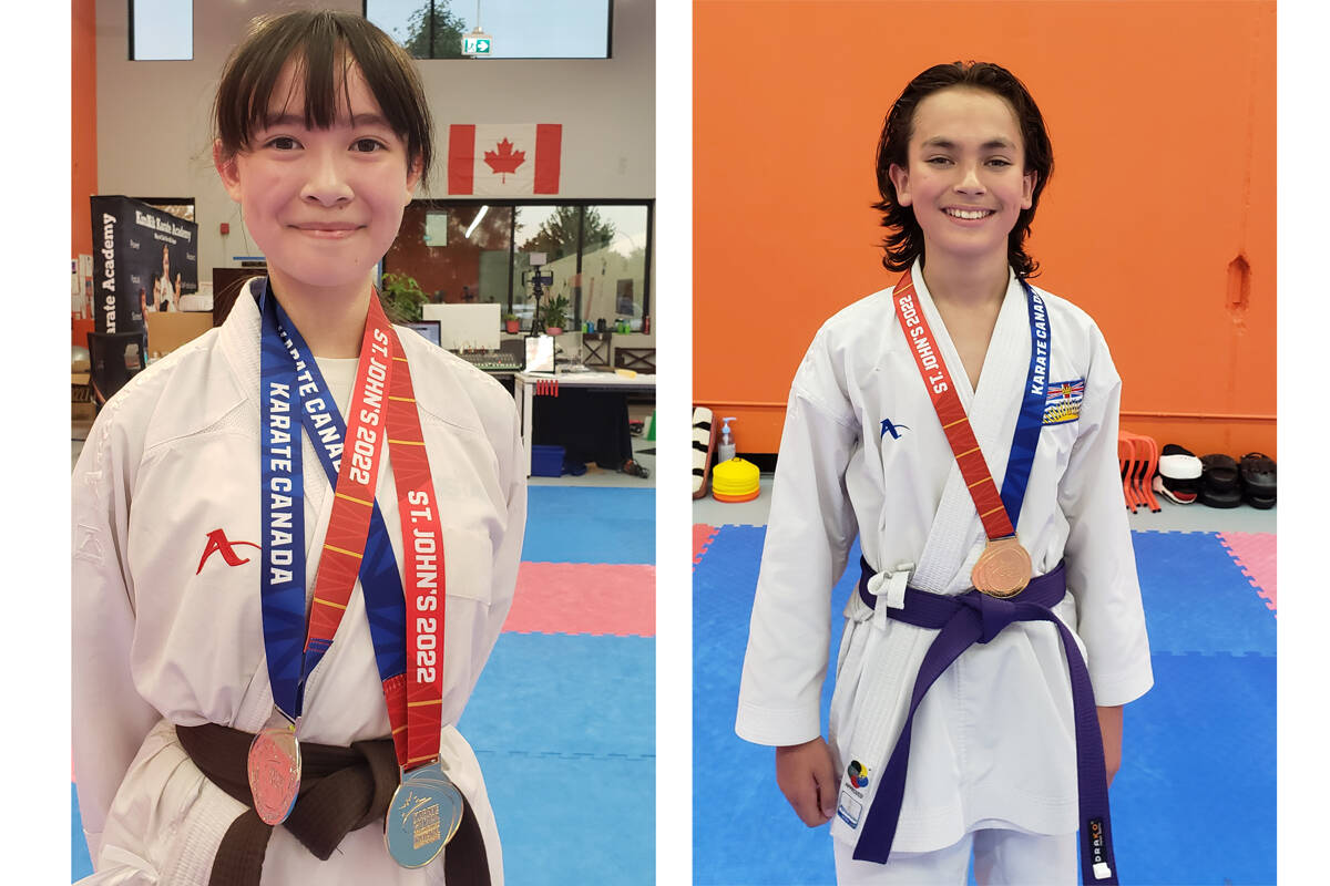 Olivia Zheng and Cole Puchalski from the KimNik Karate Dojo in Walnut Grove show their medals, won at the Canadian National Championships in St. Johns. Both have been named to Team Canada for the Pan Am games. (Special to Langley Advance Times)