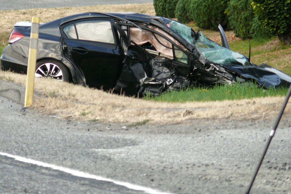 A 40-year-old driver died at the scene of a crash at 192nd Street and the Langley Bypass just before midnight Friday, Aug. 19 (Dan Ferguson/Langley Advance Times)