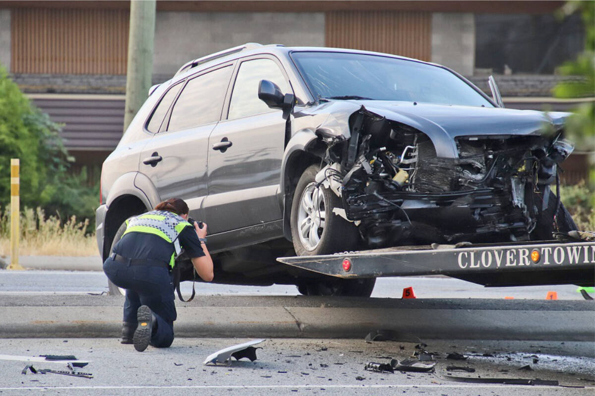 A 40-year-old driver died at the scene of a crash at 192nd Street and the Langley Bypass just before midnight Friday, Aug. 19 (Shane MacKichan/Special to Langley Advance Times)