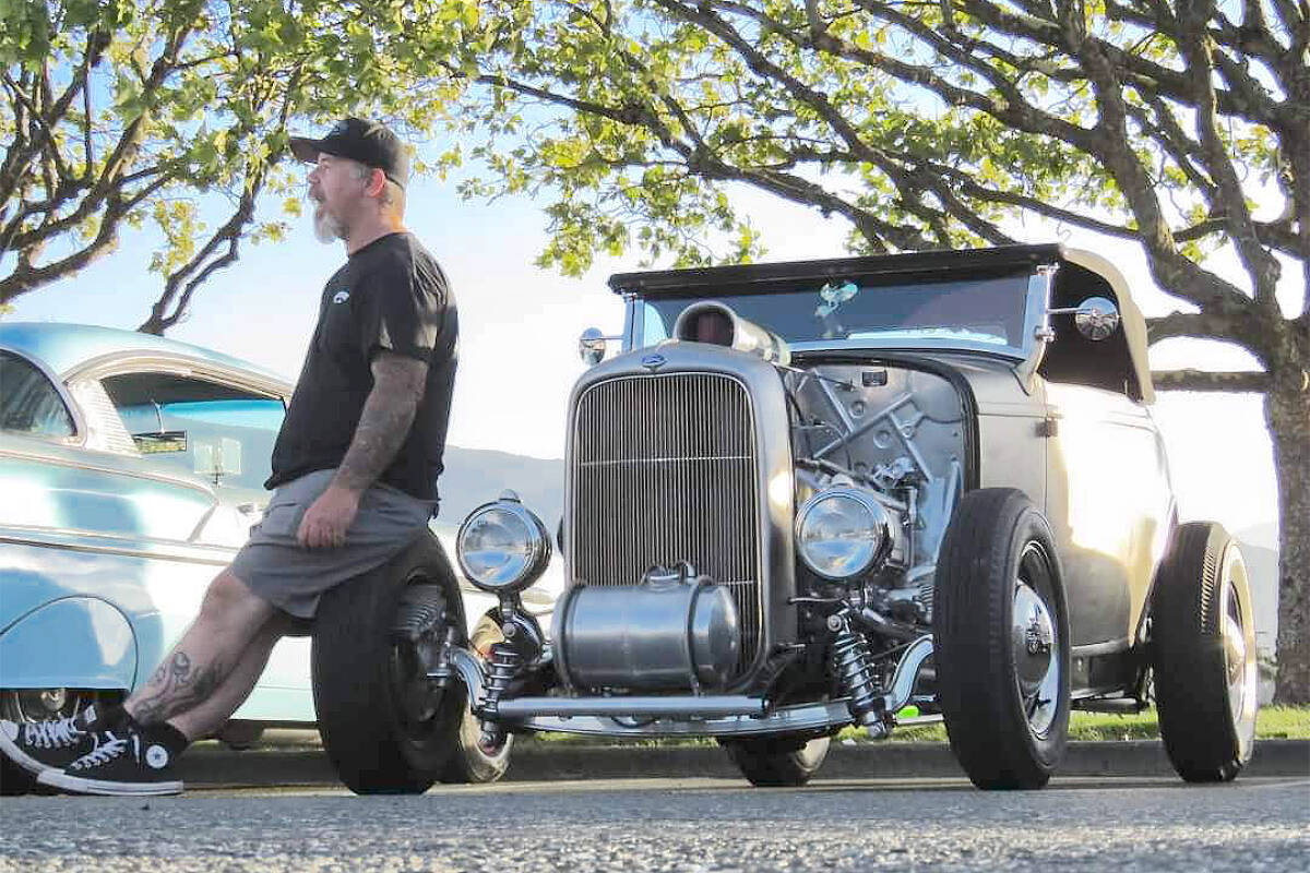 Sean Sinclaire with his bare metal 1932 Ford Roadster, a tribute to his late father. In 2021, it won the coveted Jimmy Shine award at the Aldergrove Good Times Cruise-In. This year, Sinclaire returns, as a judge. (Special to Langley Advance Times)