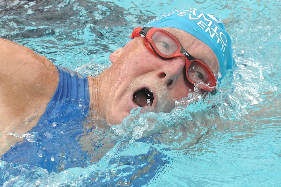 Murrayville resident Brian Parkinson, 79, was happy to be back in the pool for the first post-COVID Tri-It triathlon in Langley City on Saturday, Sept. 3. (Dan Ferguson/Langley Advance Times)