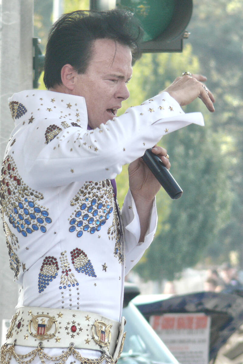 Steve Eliott channelled the king as thousands filled Fraser Highway between 264th and 272nd Street in Aldergrove on Saturday for the Langley Good Times Cruise-In show, which drew an estimated 1,400 vehicles to the charitable fundraiser. (Dan Ferguson/Langley Advance Times)