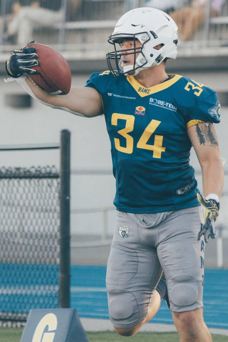 Rams running back Derek Best, seen here at the Cascade Cup earlier in September, had nine carries for 94 yards and scored a pair of touchdowns as Langley downed the Kodiaks 43-16 Saturday night, Sept. 10, at Masich Place Stadium in Prince George. (Rams Facebook)
