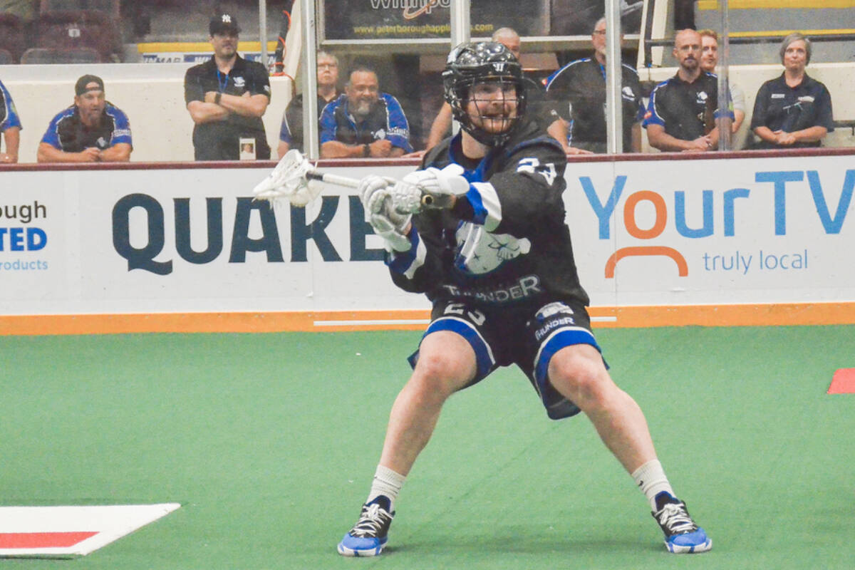 Langleys Robert Church earned player of the game honours for the Thunder with two goals and three assists in game four of the Mann Cup championships on Tuesday, Sept 14 at the Peterborough Memorial Centre. Peterborough Lakers pulled away in the third period to even the Mann Cup series at two games apiece with a 15-12 victory. (Gary Ahuja, Langley Thunder photo)