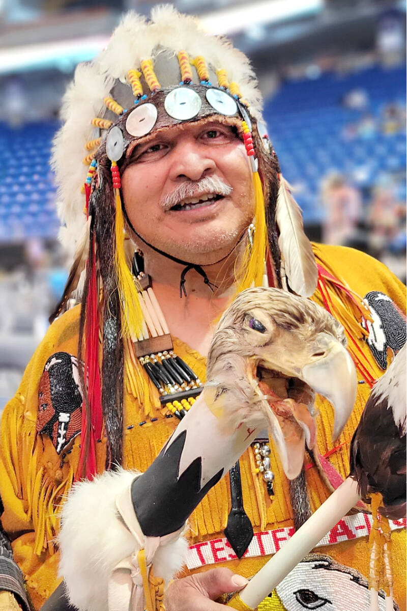 William James from Chilliwack was one of several hundred participants from B.C., Alberta, and the U.S. in the first stɑl̓əw̓ powwow cultural event held over three days, from Sept. 16 to the 18, at the Langley Events Centre. (Dan Ferguson/Langley Advance Times)