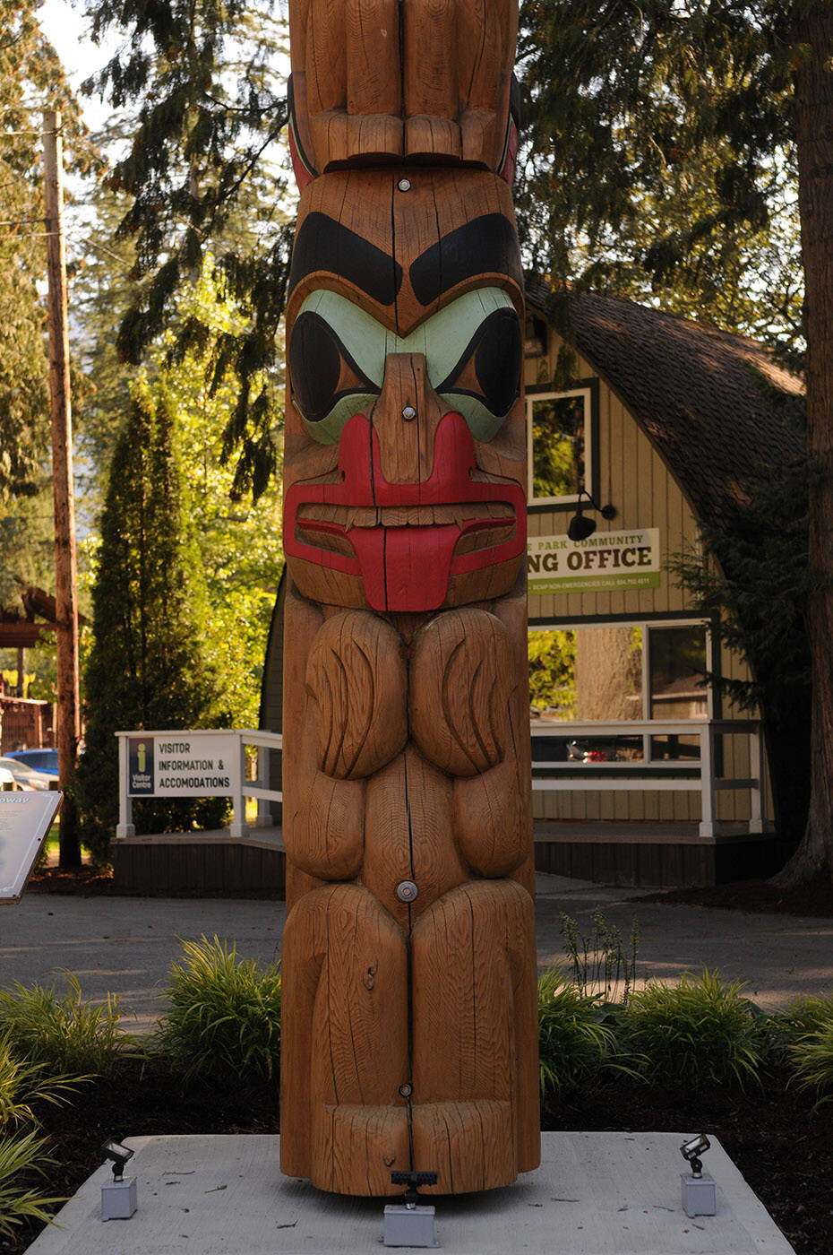 This totem pole was rededicated to the late Chief Richard Malloway outside the Cultus Lake Park Board office on Tuesday, Sept. 20, 2022. The fourth figure on the totem pole is a grizzly bear denoting strength and power. (Jenna Hauck/ Chilliwack Progress)