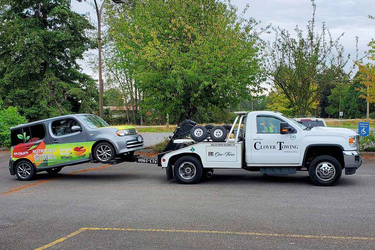 Theft of a catalytic converter from a Langley Meals On Wheels (MOW) delivery van was described as a huge loss and a bump in the road for the Aldergrove-based non-profit. The Nissan Cube, seen here being towed away after the theft was discovered, has been in the shop since the Sept. 15 theft in Langley City. (Langley Meals On Wheels)