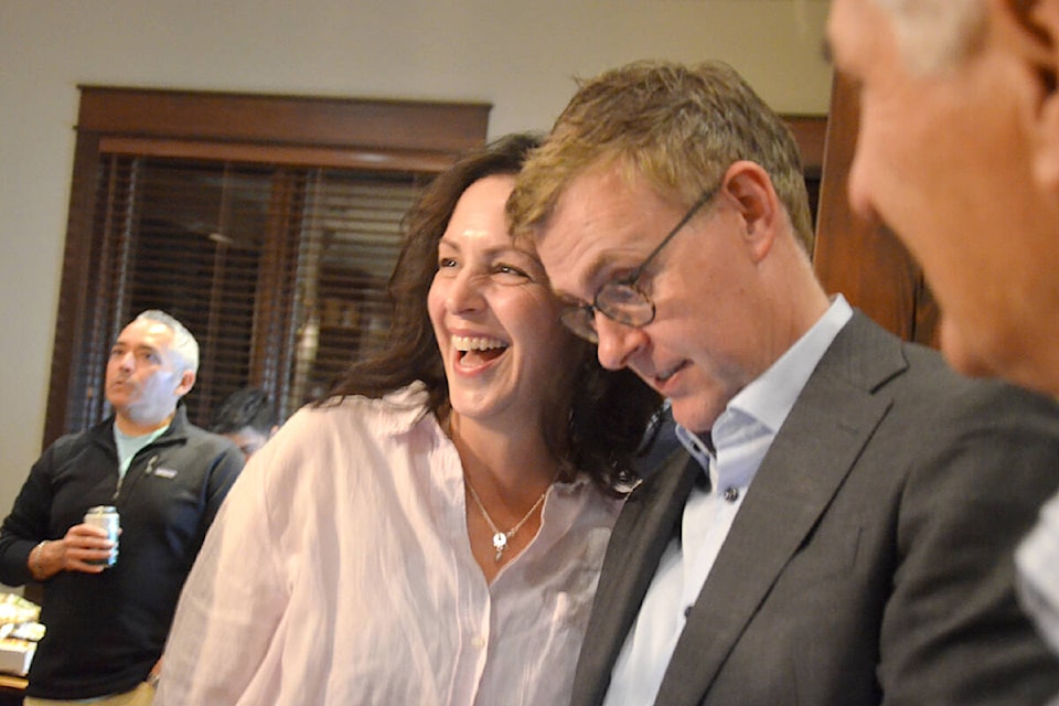 Councillor elect Barb Martens watched the numbers come in with incoming mayor Eric Woodward and returning councillor Steve Ferguson Saturday night. (Matthew Claxton/Langley Advance Times)