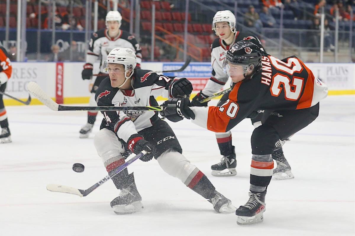 Giants defenceman Brenden Pentecost fended off a Tiger as the team downed Medicine Hat 3-2 in overtime on Tuesday, Nov. 1. (Randy Feere/Special to Langley Advance Times)