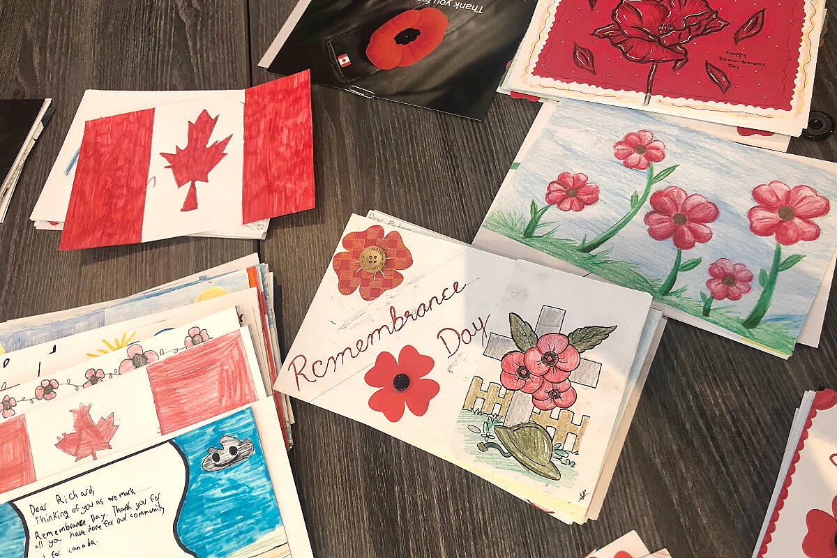 Some of the Remembrance Day cards created for local veterans by students at Langley schools. (Volunteer Bureau/Special to Langley Advance Times)