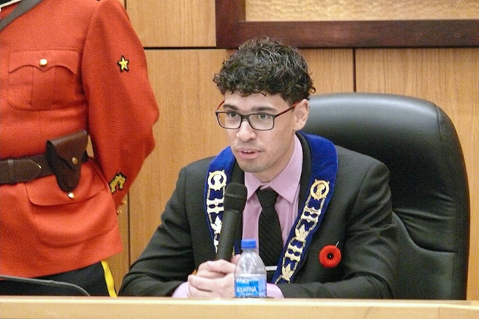 Following the swearing in of council members on Monday, Nov. 7, Langley City Mayor Nathan Pachal began his term by obtaining unanimous approval for a return to in-person meetings. (Dan Ferguson/Langley Advance Times)