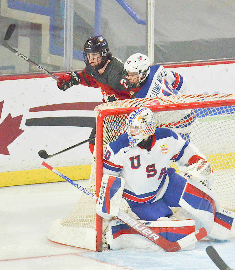 The United States moved one step closer to clinching a spot in the championship final following their victory over Canada Red on Monday night, Nov. 7 at the World Under-17 Hockey Challenge at Langley Events Centre. (Langley Events Centre)