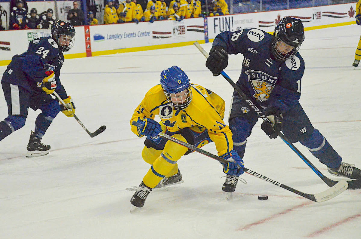Five different players found the back of the net on Tuesday, Nov. 8, as Finland doubled up their Nordic neighbours, Sweden 6-3, improving to 3-1 and nine points with two games remaining in preliminary round play at the World Under-17 Hockey Challenge co-hosted by Langley Events Centre and Deltas Sungod Centre (Langley Events Centre)