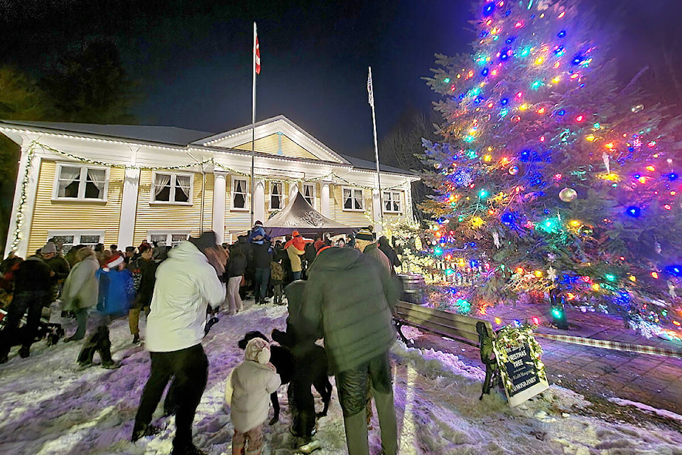 A crowd gathered for the annual tree lighting at the historic Fort Langley community hall on Saturday, Dec. 3. This year, in a surprise change, multi-coloured lights adorned the tree. (Dan Ferguson/Langley Advance Times)