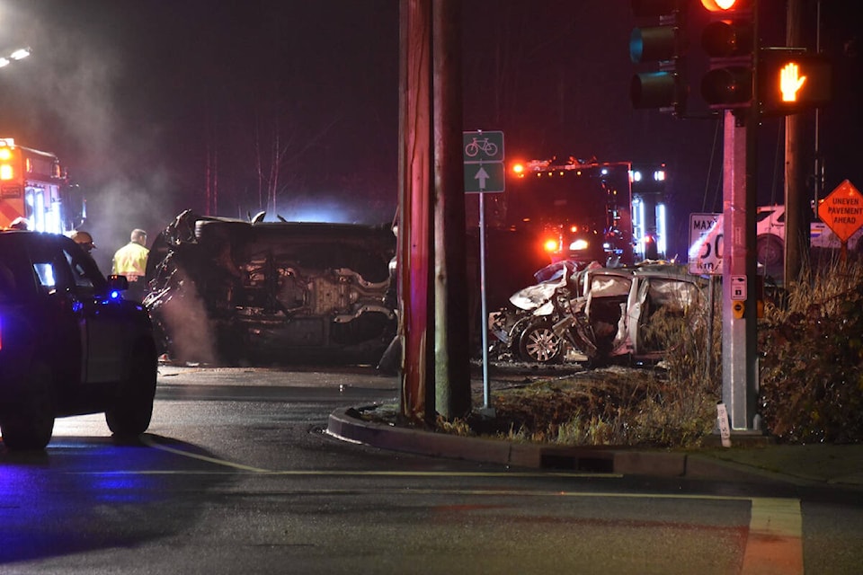Two people died and a third was in critical condition after a Saturday night (Dec. 17) collision involving three vehicles at 216th Street and 80th Avenue in Langley’s Willoughby neighbourhood. (Curtis Kreklau/Special to Langley Advance Times)