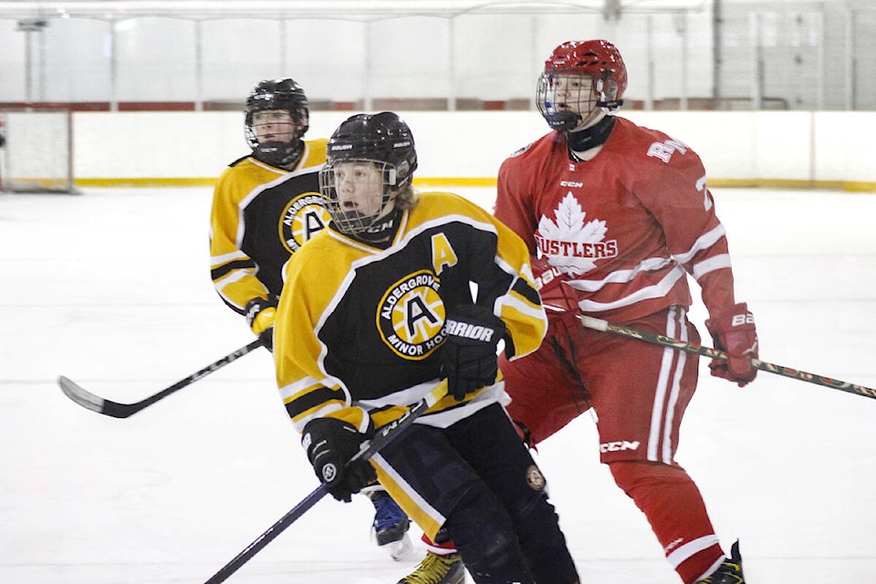 Aldergrove Bruins Luke Brake (centre) and Zach Phipps (left) and teammates won the Ridge Meadows Hometown Heroes tournament. (Brandon Tucker/Black Press Media)