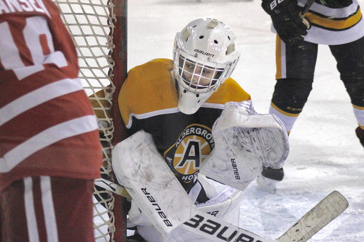 Aldergrove Bruins netminder Liam Sitnik, seen here in action against the Ridge Meadows Rustlers, and his teammates won gold by narrowly beating out the Abbotsford Hawks with a late third-period goal in the in the Ridge Meadows Hometown Heroes tournament. (Brandon Tucker/Black Press Media)
