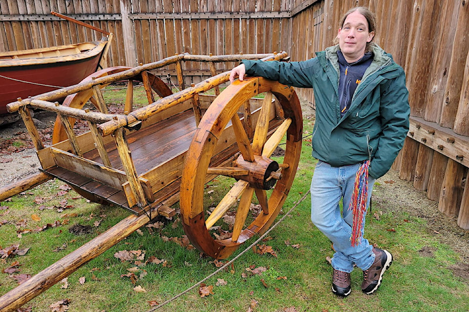 Patrick Calihou brought his painstaking re-creation of a red river cart to Vive les Voyageurs at historic Fort Langley on Saturday, Jan. 21. (Dan Ferguson/Langley Advance Times)