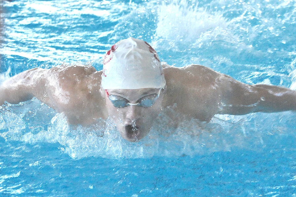 LOSC membe Aidan Erikson in action at the Lower Mainland Regional Championship East meet hosted by the club at the Walnut Grove Community Centre pool during the last weekend in January. (Dan Ferguson/Langley Advance Times)