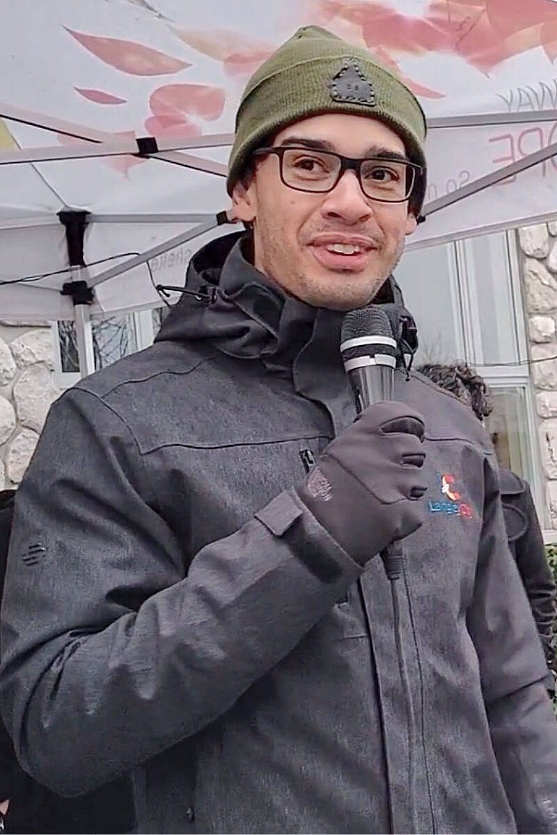 Langley City Mayor Nathan Pachal spoke at the first in-person Coldest Night Of The Year walk since 2020 on Saturday, Feb. 25. (Dan Ferguson/Langley Advance Times)