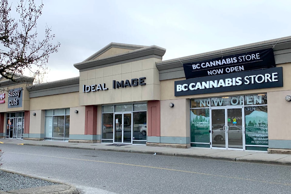 BC Cannabis Store opened in the Willowbrook neighbourhood of Langley in mid-March, near the new Source for Sports hockey store and Best Buy. (Roxanne Hooper/Langley Advance Times)