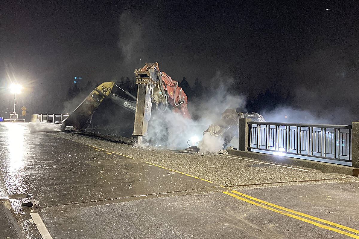 Demolition of the Glover Road crossing in Langley began on Friday night, March 31st and finished on Sunday morning, April 2nd. (Photo courtesy Ministry of Transportation and Infrastructure)