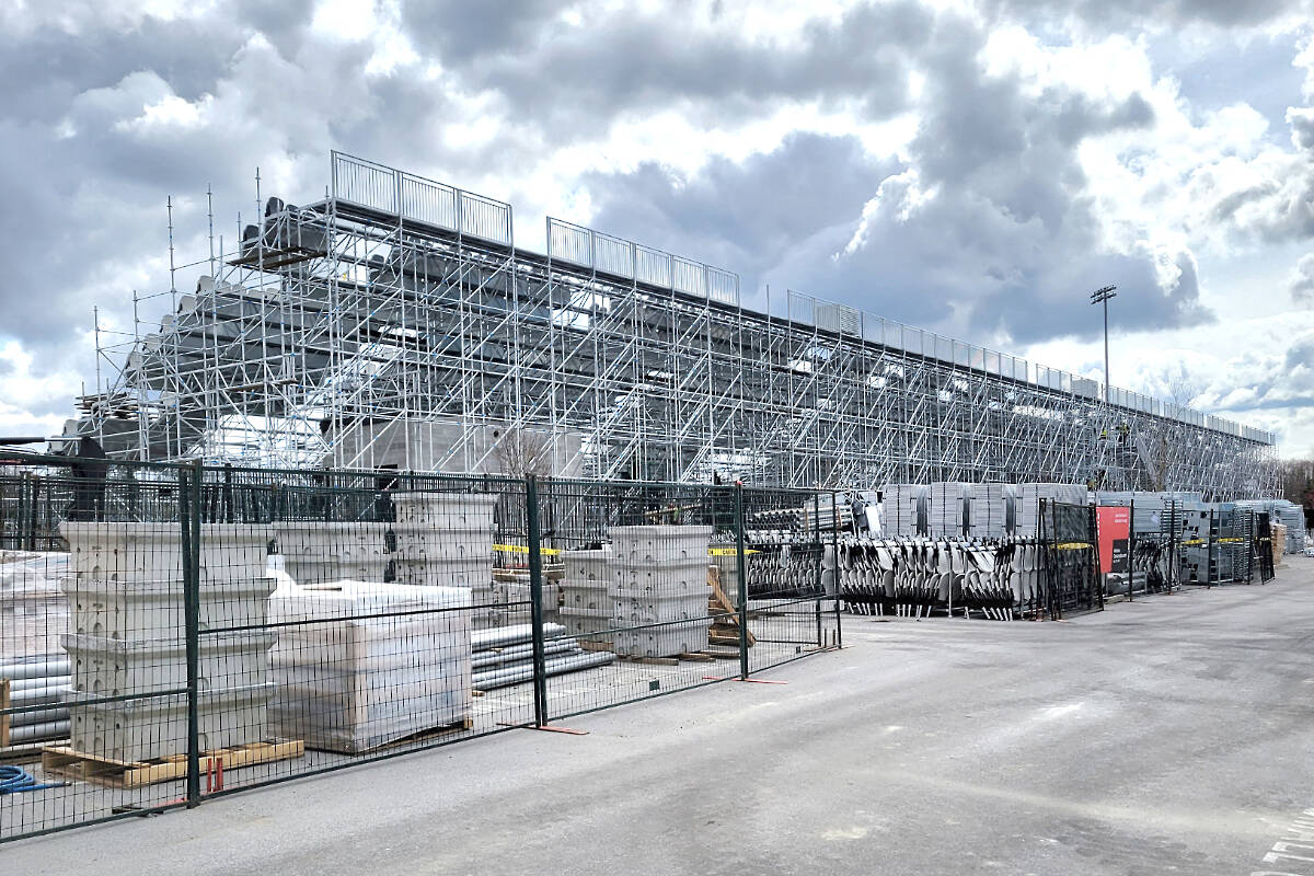 Workers were assembling the new Vancouver FC stadium in Langley on Wednesday, April 5. The pro soccer teams first home game at the 6,560 capacity venue is scheduled for May. (Dan Ferguson/Langley Advance Times)