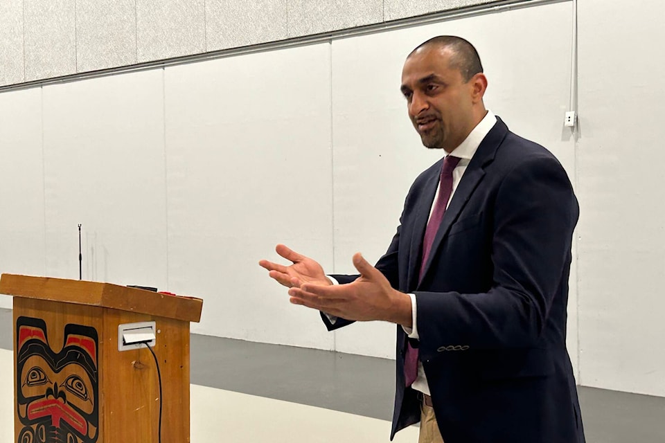 B.C. housing minister Ravi Kahlon speaks to the public at Seabird Island. The province and the First Nations community are working together to build a 34-unit housing complex to begin construction in March 2024. (Adam Louis/Observer)