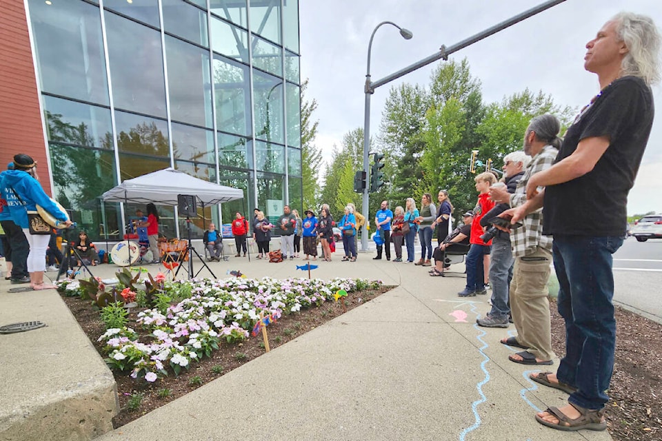 More than 40 protesters demonstrated on Saturday, June 24, outside the Langley Township main civic building to oppose a proposal that would rezone the last undeveloped section of Gloucester Industrial Estates in Aldergrove. (Dan Ferguson/Langley Advance Times)