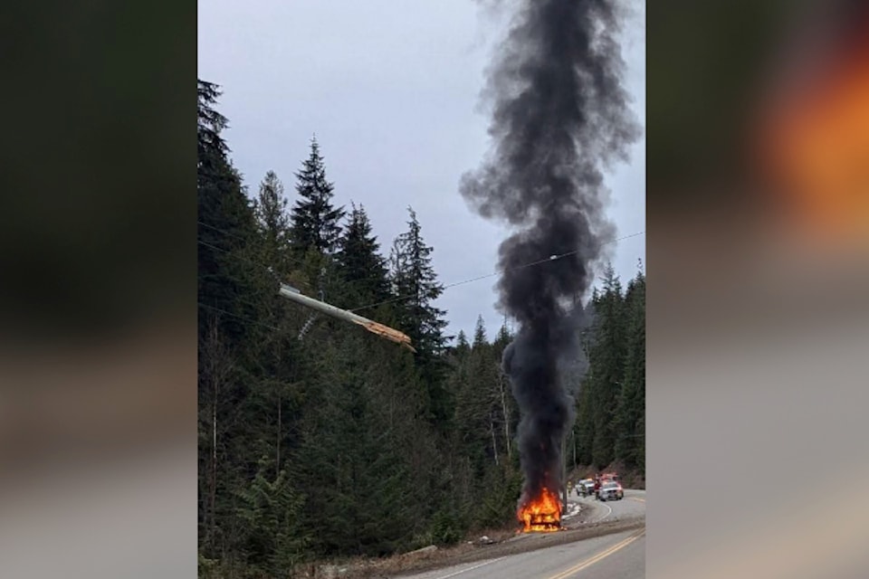Vehicle fire near Nakusp, Dec. 3. Photo:  Scott Baker and Taylor Cooke