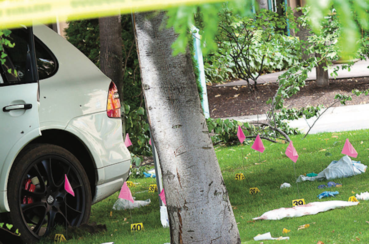 Bullets were everywhere after the Kelowna shooting of 30-year-old Red Scorpion gangster Jonathan Bacon on Aug. 14, 2011. (Black Press Media files)