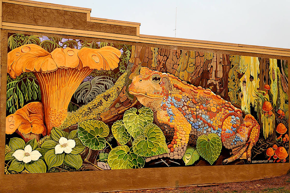 Debra Rushfeldt’s Western Toad on the Forest Floor was installed and unveiled last week in downtown Nakusp. The 10 ft tall and 25 ft wide mural was a seven month long project for the artist. (Contributed-Debra Rushfeldt)